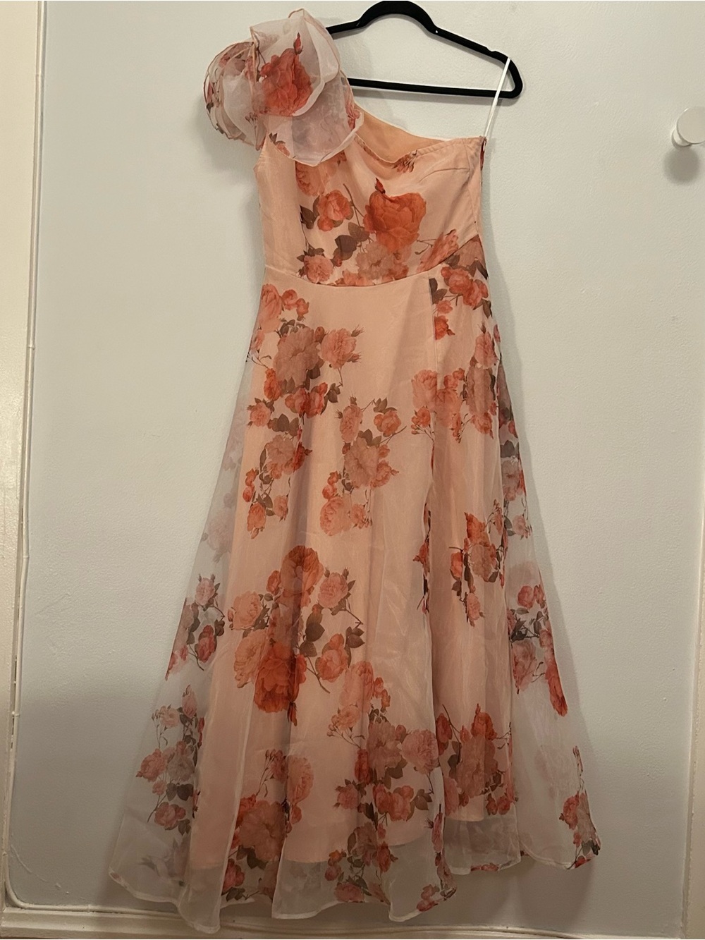 One-Shoulder Peach Floral Evening Dress with shoulder bow